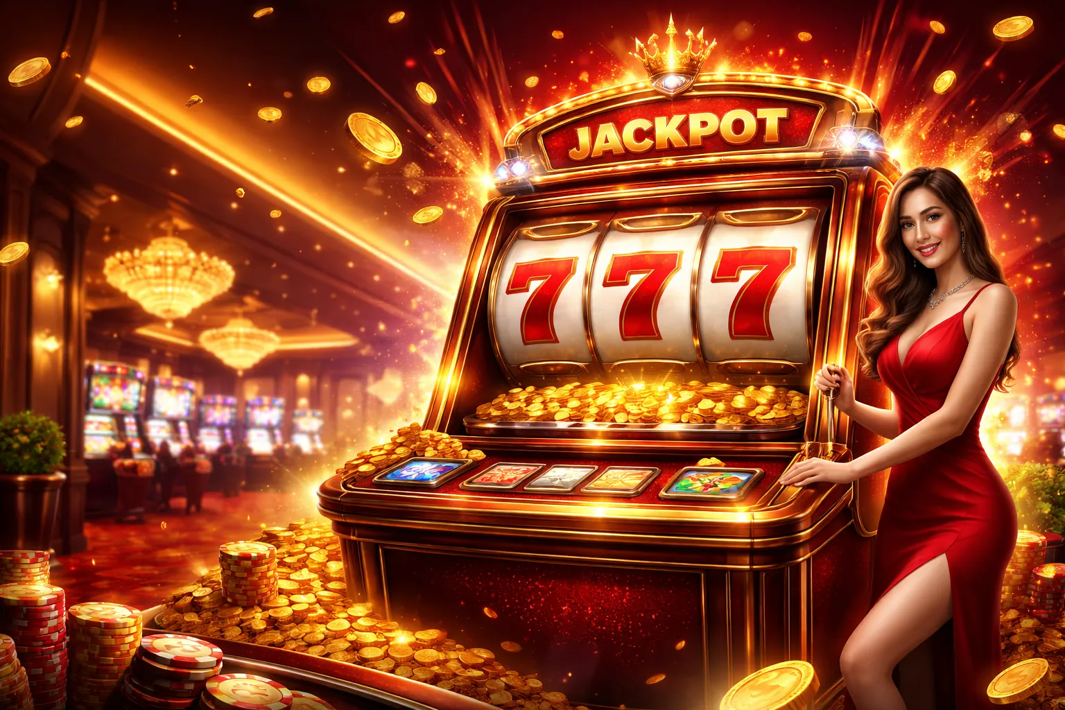 Hình ảnh máy slot nổ hũ khổng lồ với nhiều tiền vàng